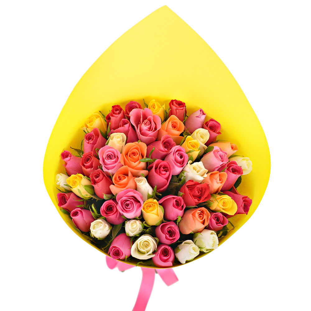 Букет из 51 разноцветной розы в крафте