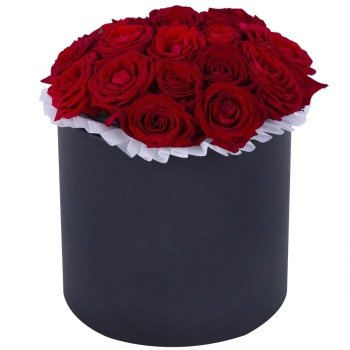 Букет из 21 красной розы premium в черной шляпной коробке