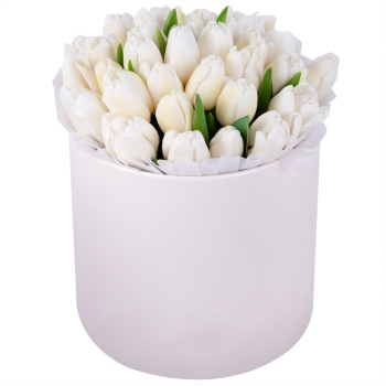 35 белых тюльпан в кремовой шляпной коробке