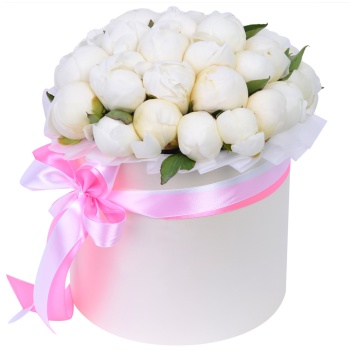 Букет из 35 белых пионов в кремовой шляпной коробке