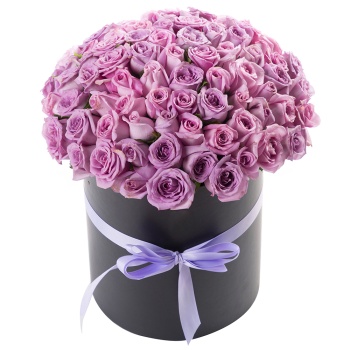 101 сиреневая роза в шляпной коробке