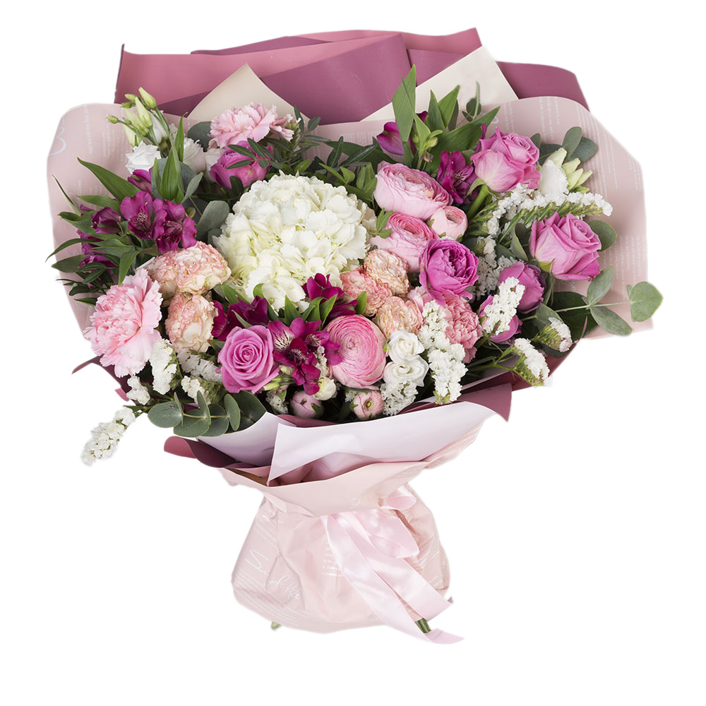 Букет из роз, гвоздик, ранункулюсов и гортензии