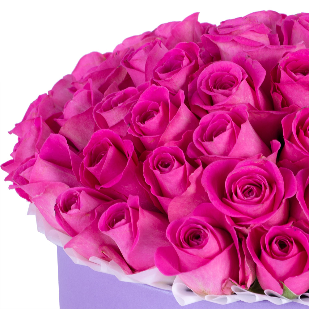 Букет из 51 розовой розы в фиолетовой шляпной коробке