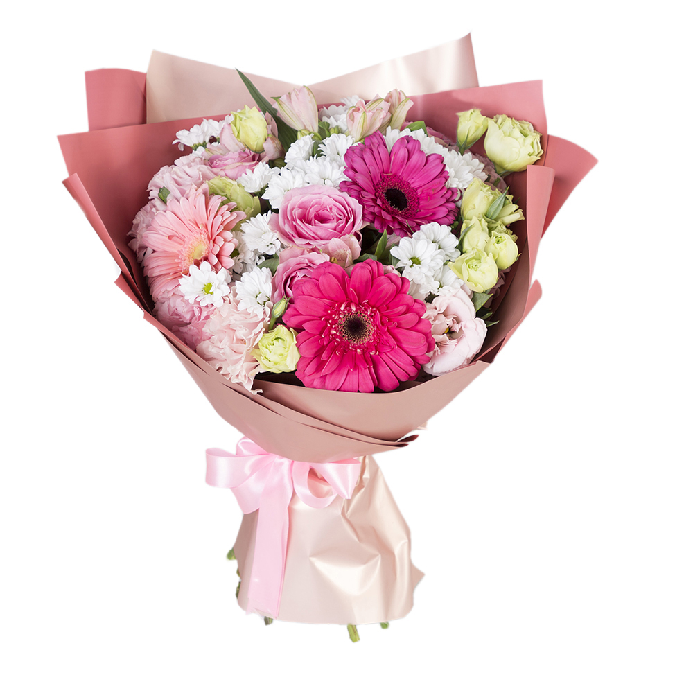 Букет из гербер, роз альстромерий и хризантем