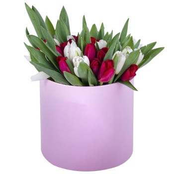 51 Разноцветный тюльпан в розовой шляпной коробке