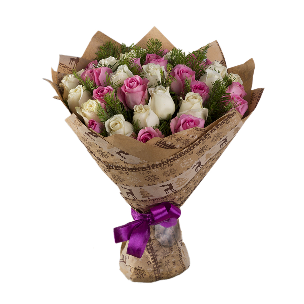 Новогодний букет из 35 разноцветных роз