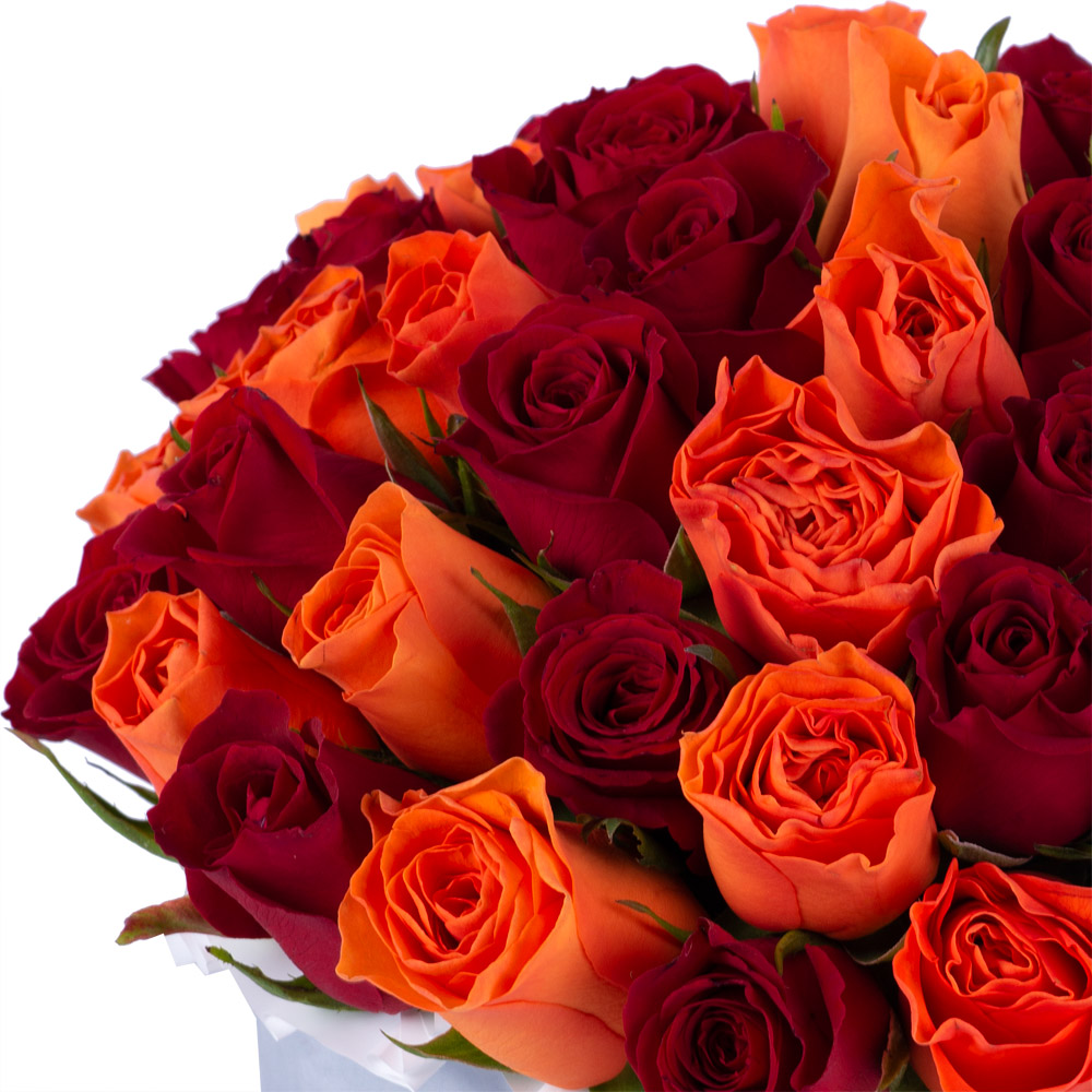 51 разноцветная роза в серой бархатной шляпной коробке