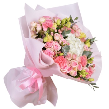 Букет из гортензии, гвоздик и кустовых роз