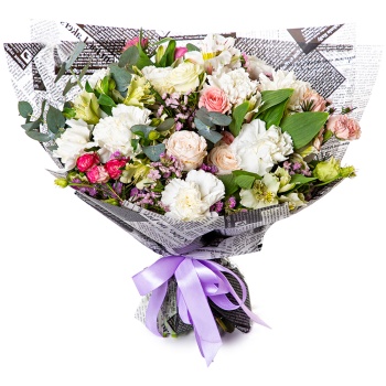 Букет с розами, альстромериями и гортензиями