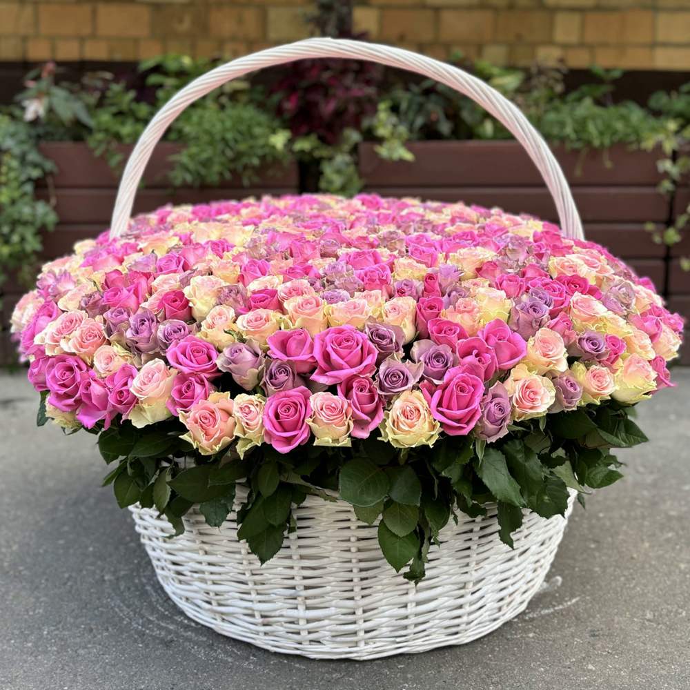 501 роза в корзине нежный Микс