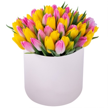 51 разноцветных тюльпан в кремовой шляпной коробке