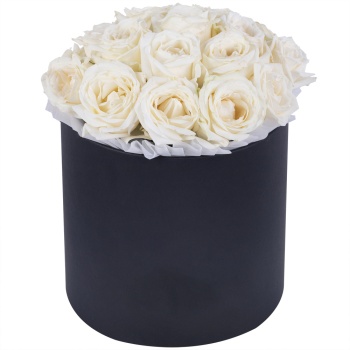Букет из 19 белых роз premium в черной шляпной коробке