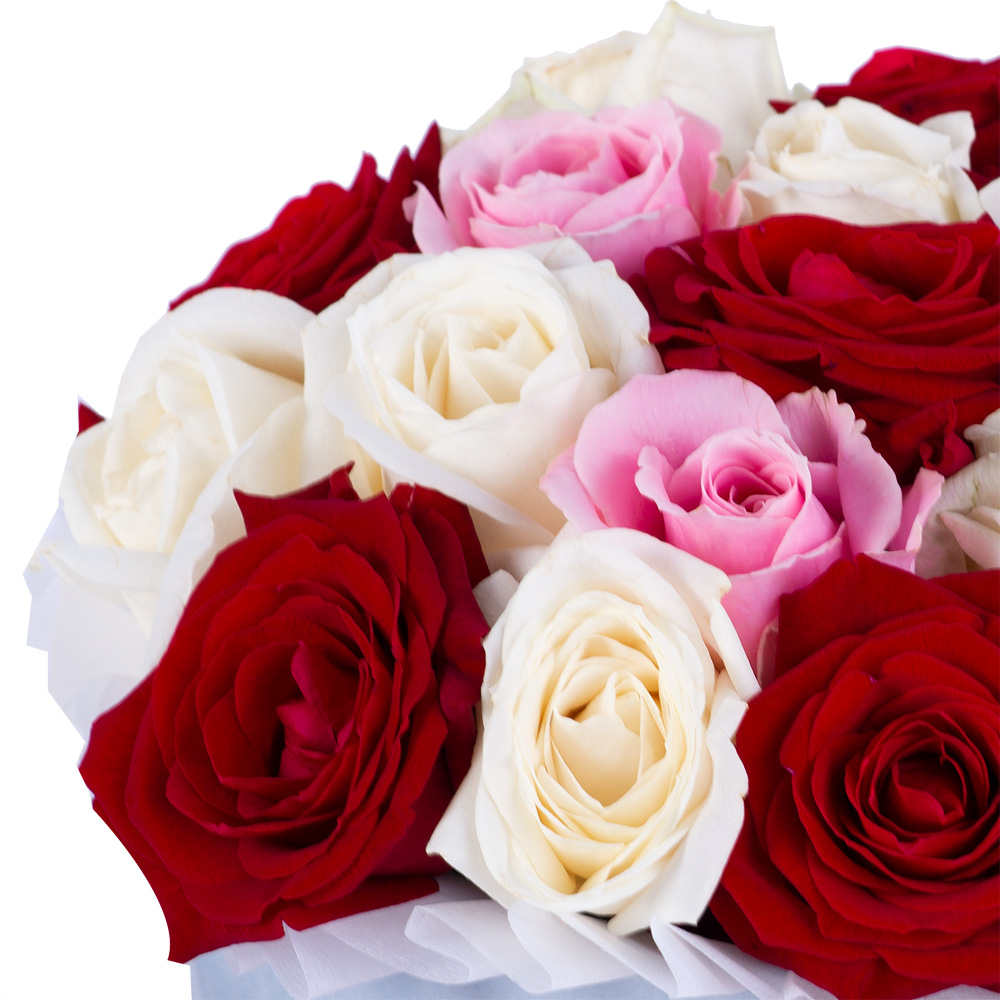 Букет из 19 разноцветных роз premium в серой бархатной шляпной коробке